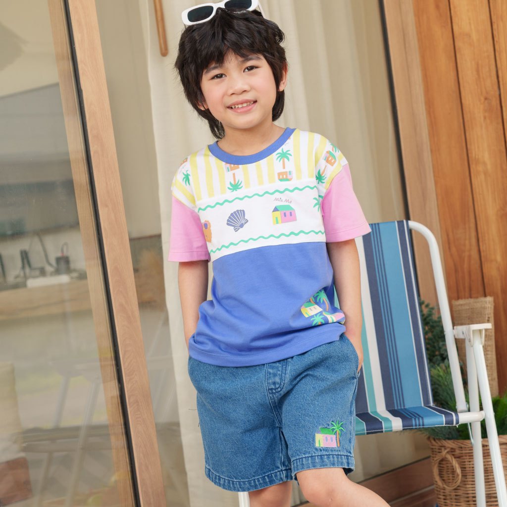 Mix Me เสื้อยืด กางเกงขาสั้นยีนส์ ลายบ้านต้นมะพร้าว ผ้า Cotton เดนิม เด็กชาย อายุ 1-7ปี เสื้อผ้าเด็ก รุ่น400474/400477