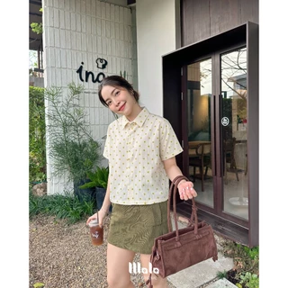 MalaOriginal |【พร้อมส่ง】Mini Polkadot Crop Shirt 🍪 เสื้อเชิ้ตครอป แขนสั้น ลายจุดขาวดำ จุดเล็ก ขนาดกำลัง