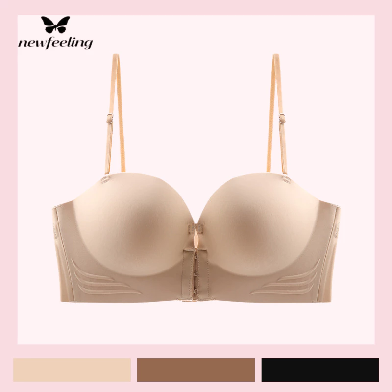 NEWFEELING ยกทรงดันทรง ยกทรงไม่มีสาย ไร้โครง บราไร้ขอบ bra ปุ่มด้านหน้า สวมใส่สบายและระบายอากาศได้ดี