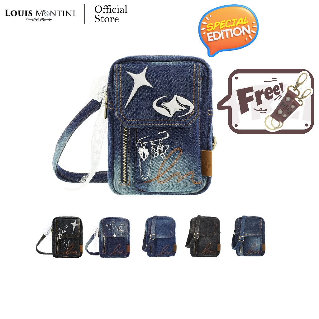 [Clearance sale] Louis Montini (JEANS) กระเป๋าสะพายข้าง Crossbody bag ผ้ายีนส์ผสมหนังวัวเเท้ JEAN01