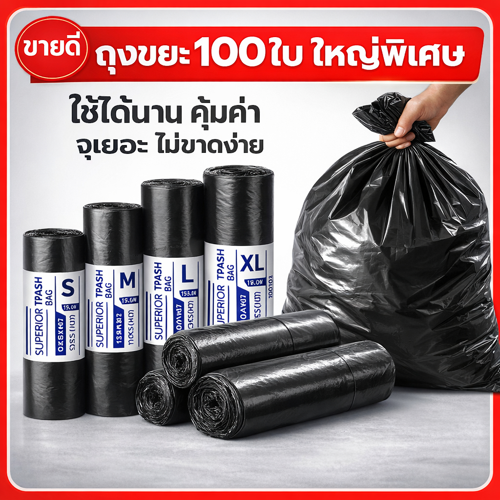 ถุงขยะดำ หนา พรีเมียม เกรด A ม้วนใหญ่ แข็งแรง รับน้ำหนักสูง ไร้กลิ่น สำหรับบ้าน 18x20 22x24