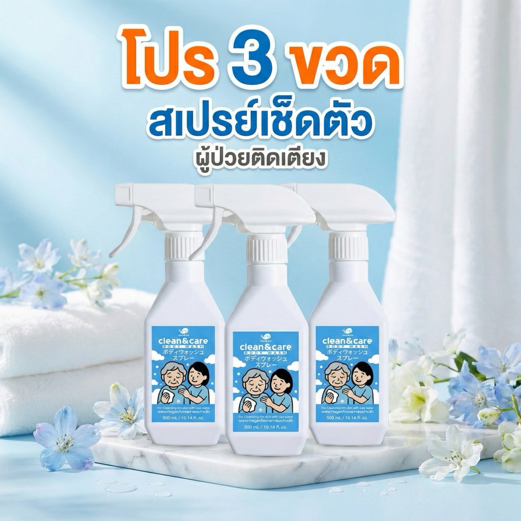 Clean&care สเปรย์เช็ดตัวผู้ป่วยติดเตียง แพ็ค3ขวด สุดคุ้ม