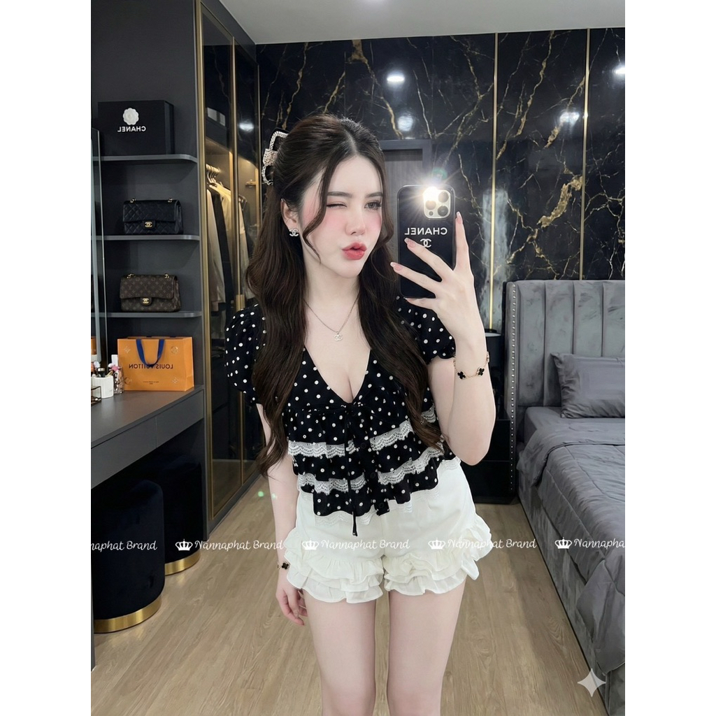 ชุดเซท 2 ชิ้น เสื้อแขนตุ๊กตาผูกข้างหน้า กางเกงขาสั้นผ้าบาร์บี้