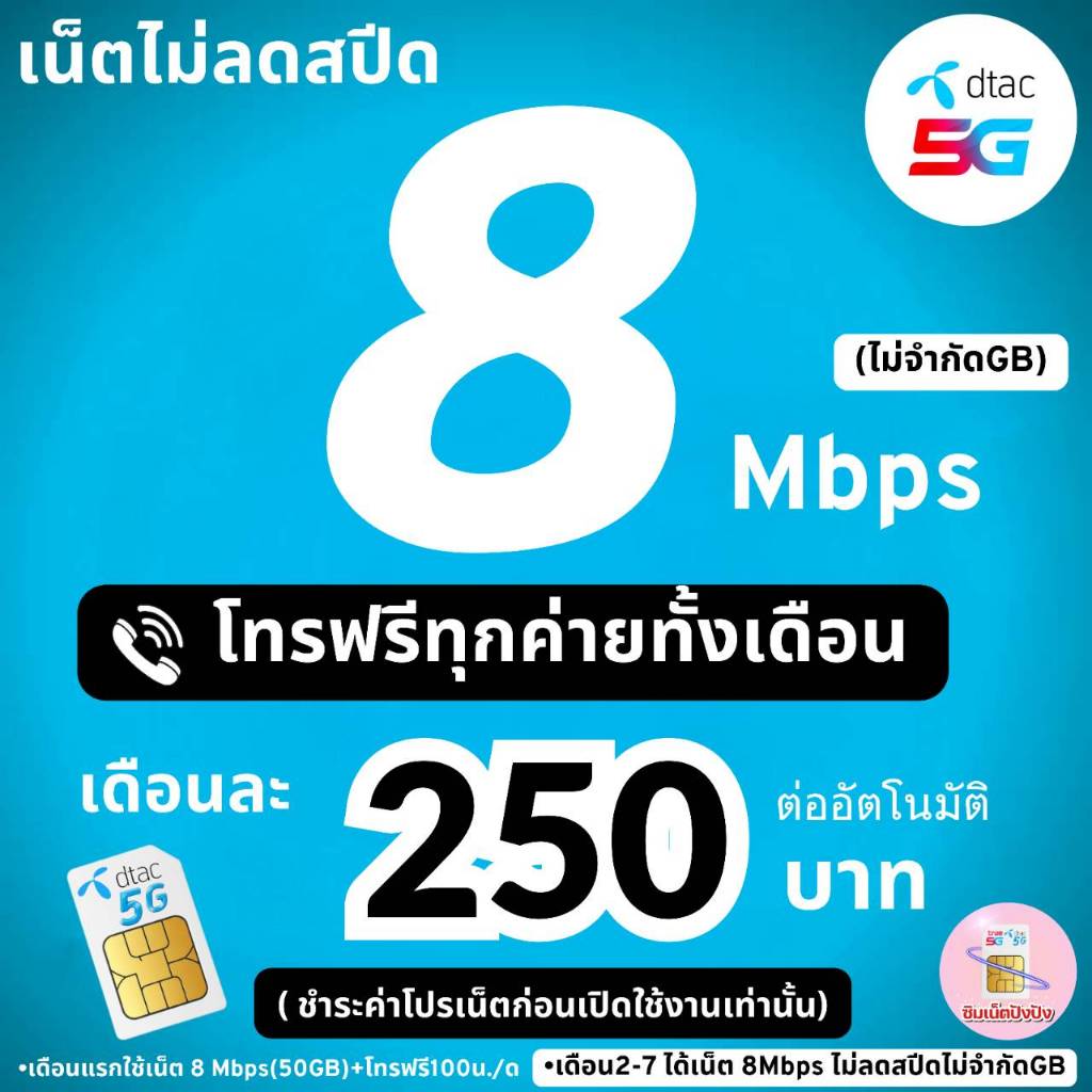 (ชำระค่าโปรเน็ตก่อนเปิดใช้งาน) ซิมดีแทค DTAC โปรเน็ต 8 Mbpsไม่ลดสปีด+โทรฟรีทุกเครือข่ายไม่อั้น(จำกัด1ซิม/ท่าน))
