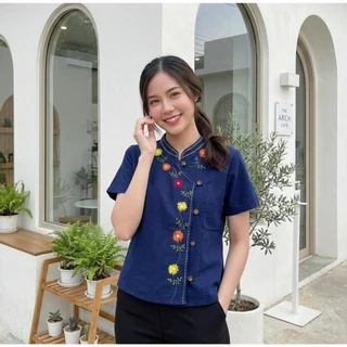 เสื้อผ้าฝ้ายผู้หญิง ทรงป้ายปักดอกเดซี่ งานปักมือ Handmade