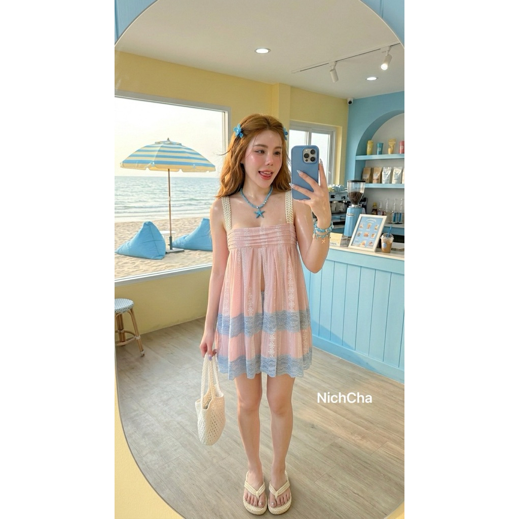 #Nicha Summer ทูโทนน่ารักโซคิ้วท์ผ้านำเข้าลายฉลุ Set2ชิ้น มินิเดรสสายเดี่ยวทูโทน กางเกงขาสั้นมีซับ