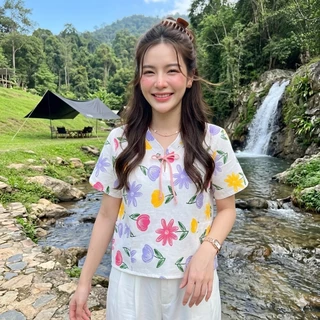 (พร้อมส่งจากไทย) เสื้อคอจีนผู้หญิง เสื้อลายดอกใส่วันสงกรานต์ ผ้าฝ้ายพิมพ์ลายทรงสวยใส่สบาย