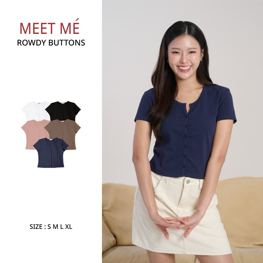 MEET ME - Top 0009 | ROWDY BUTTONS - เสื้อยืดแขนสั้น ดีไซน์กระดุมหน้า
