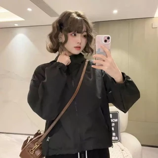 เสื้อแจ็ค เก็ตแขนยาว กันลม มีซิป มีฮู้ด เนื้อผ้าบาง แบบสั้น สไตส์เกาหลี ใหม่