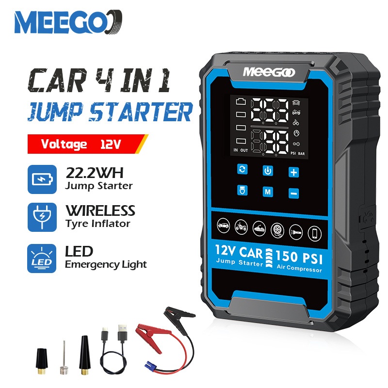 MeeGoo จั๊มสตาร์ทพกพา ปั้มลม LED แบตเตอรี่ 12V JUMP STARTER สำหรับรถยนต์ มอไซค์ เรือยนต์ และเรือเร็ว