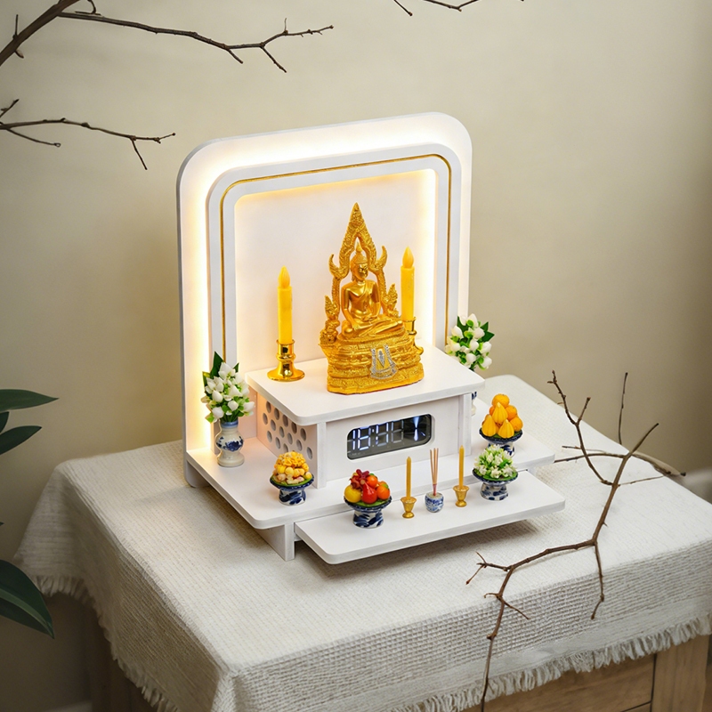 URBANNEST หิ้งพระ หิ้งพระพิฆเนศ มีไฟ สไตล์โมเดิร์น ทนทานและแข็งแกร่ง ลวดลายต้นโพธิ์สีทอง แถบไฟ LED วางนาฬิกา