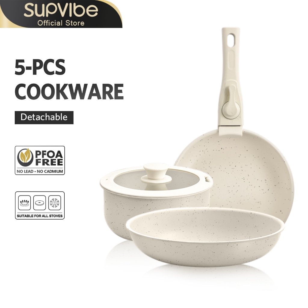 SUPVIBE ชุดกระทะและหม้อ เซรามิค ชุดเครื่องครัวกระทะ 5 ชิ้น ไม่ติดอาหาร หม้อด้ามที่ถอดได้ หม้อซุปทำความสะอาดง่าย