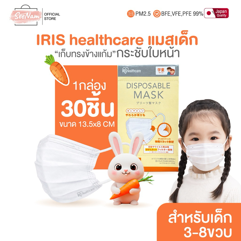 Iris healthcareแมสเด็กทรงflat 3-8ขวบ 1กล่อง30ชิ้น