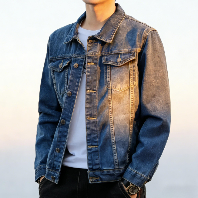 EMA MEN เสื้อแจ็คเกตผ้ายีนส์ผู้ชายรุ่นล่าสุดพรีเมี่ยมสีพื้นสวมใส่สบาย