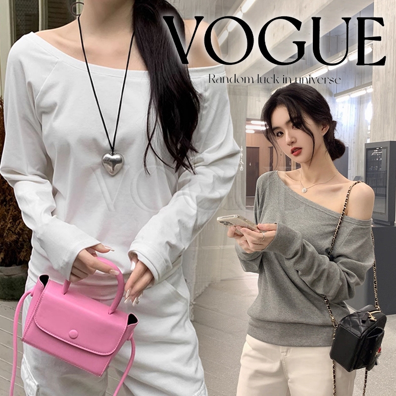 Vogue🌟พร้อมส่ง🌟 เสื้อแขนยาว โชว์ไหล่ทำให้ดูผอม ทรงหลวม สไตล์เกาหลี เรียบง่าย สีพื้น (FY6958)