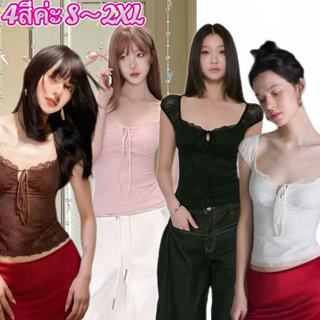 EVAเสื้อลูกไม้เว้าโชว์ดีไซน์ ผูกโบว์ ทรงเข้ารูป สไตล์แฟชั่นแ…