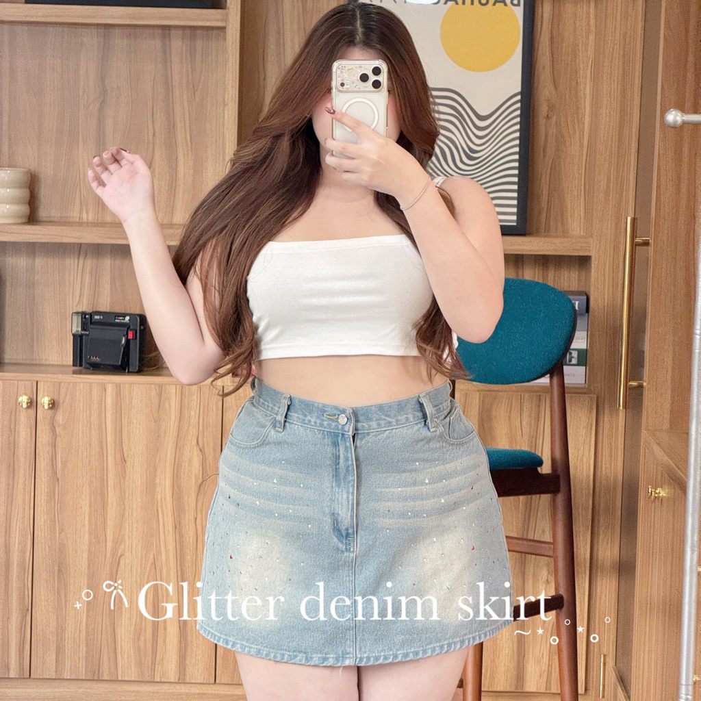 Glitter denim skirt(ไม่มีซับใน*)˚.🎀༘⋆💖“กระโปรงยีนส์เพชรสาวอวบเจ้าแรก ต้องกดให้ทันทุกคนรอจับจองสุดๆ”