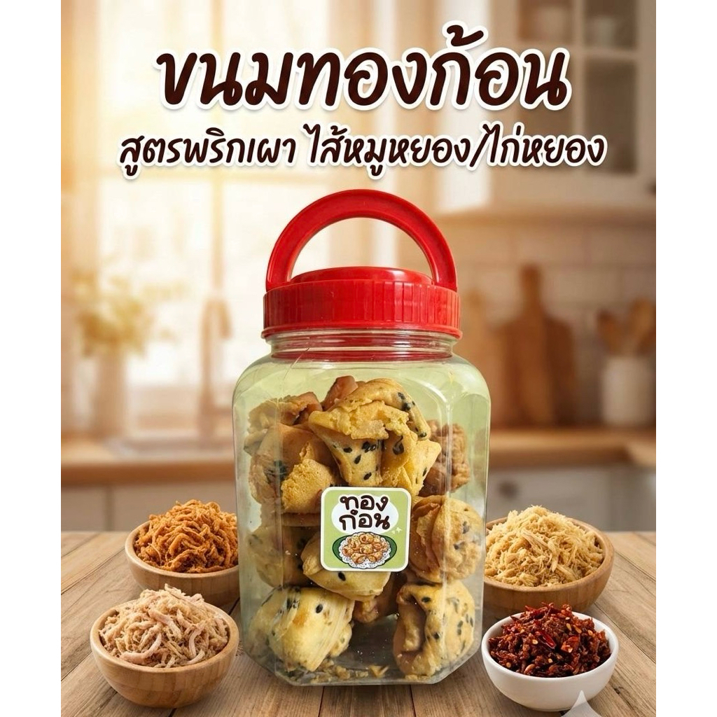 ขนม ทองก้อน ทองม้วน ไส้ไก่หยองผักชีโบราณ กระปุก อร่อยเพลิน เบรคแตก