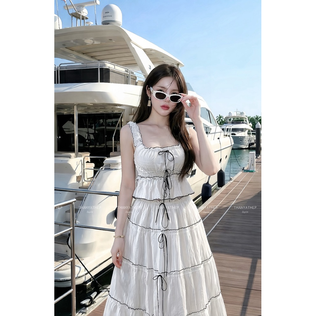 #Thanyathep Set2ชิ้น เสื้อกล้ามสายเดี่ยวแต่งโบว์ย่น พร้อมกระโปรงยาว ซับในอย่างดี ผ้าอย่างดีมาก