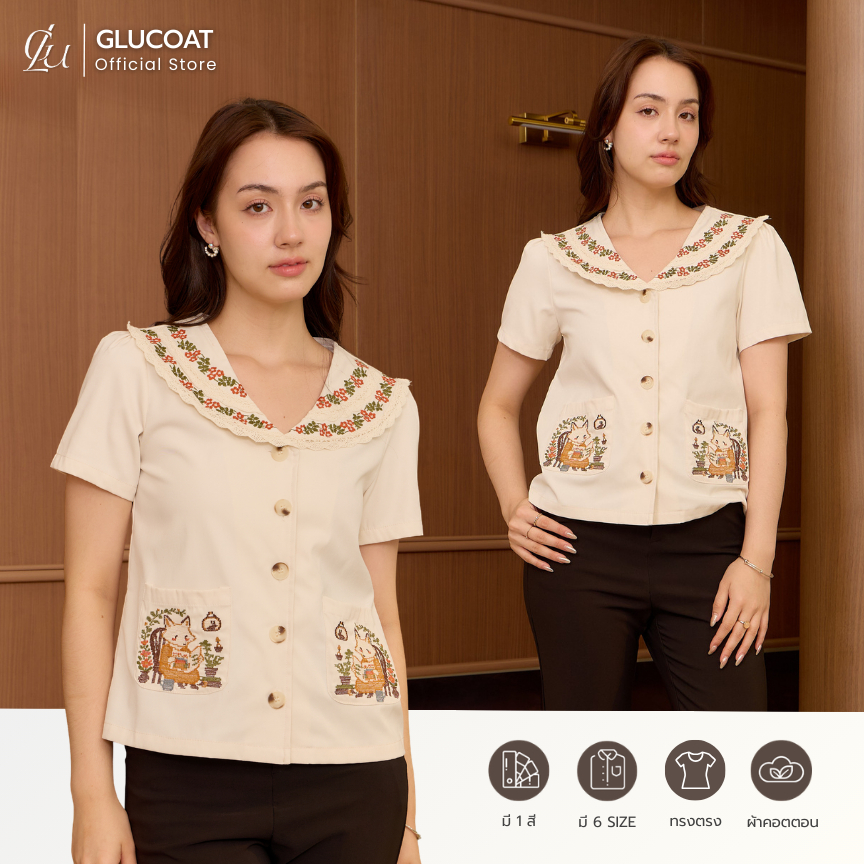 Glucoat | [A211] เสื้อแขนสั้นปกโค้งแต่งเทปปักดอกไม้ กระดุมหน้าและกระเป๋าหน้าใช้งานได้จริง
