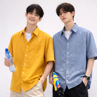 เสื้อเชิ้ตแขนสั้นผู้ชาย Oversize ใส่คลุมได้ เสื้อเชิ้ตเกาหลี ดำ/กรม/เทา/แดง/ขาว/ส้ม/เหลือง ใส่สบาย
