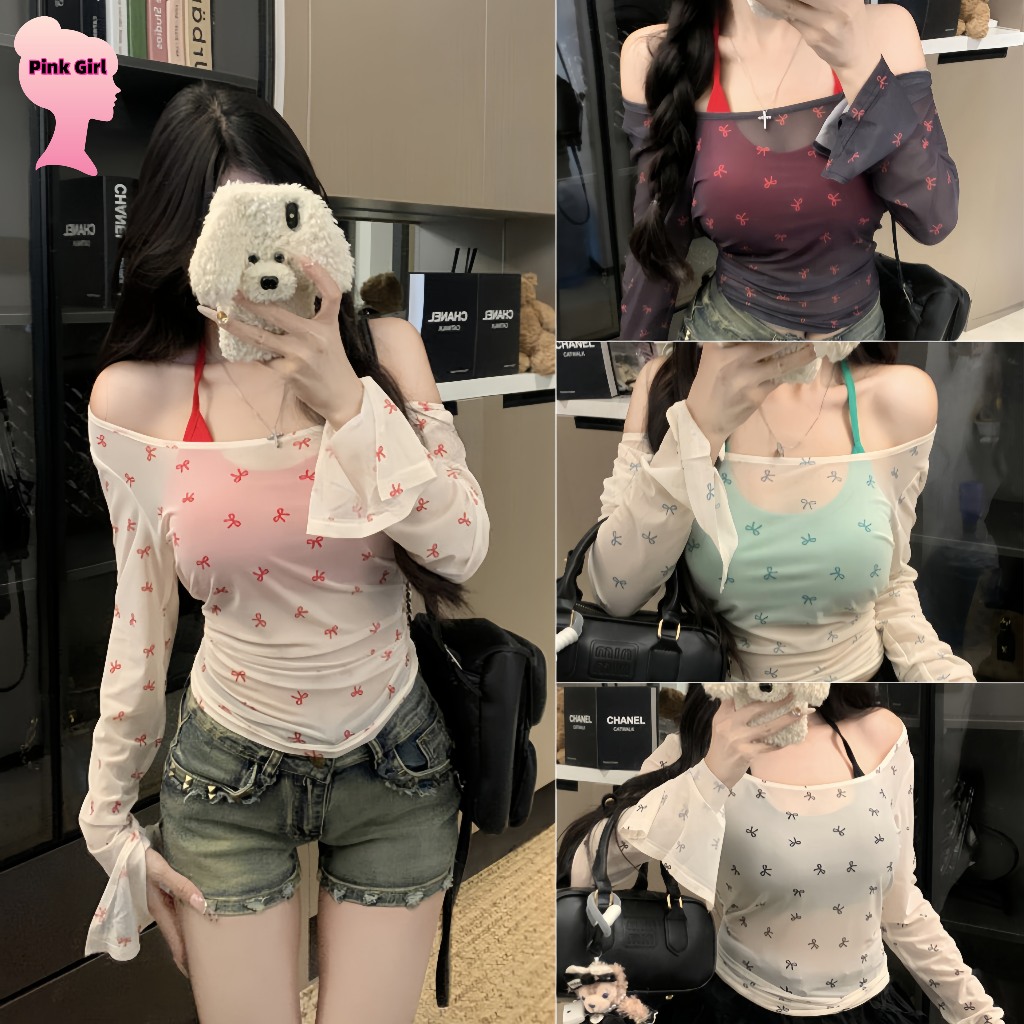 💋Pink girl💋Mar สายเดี่ยวคล้องคอครอป/เสื้อแขนยาวลายโบว์ โปร่ง เสื้อลายดอกแฟชั่น สีสดใส เสื้อผ้าผู้หญิง' FY6876-L/FYQ7172
