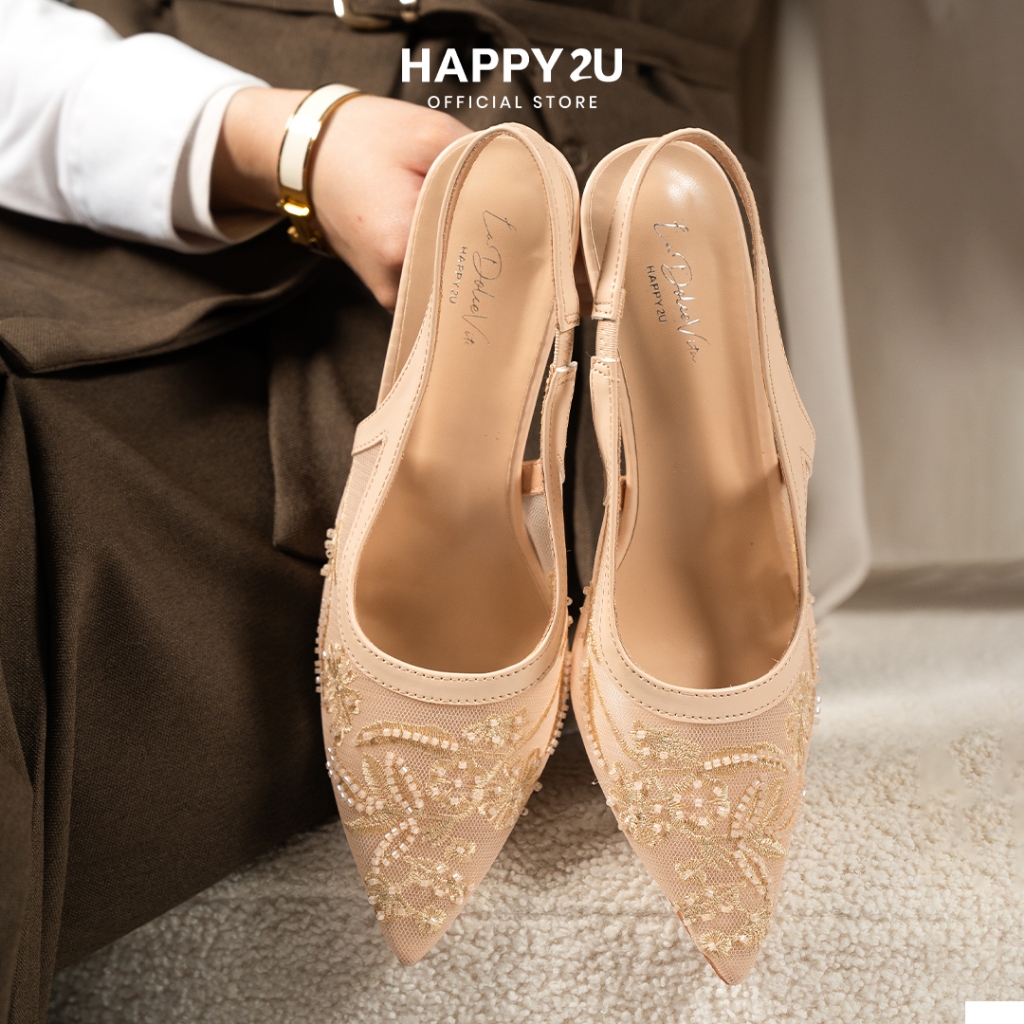 HAPPY2U Evora Lace Slingbacks Pumps  รองเท้าส้นสูง ดีเทลปัก ผ้าตาข่าย รัดส้น สูง7.5 ซม. รองเท้าออกงาน
