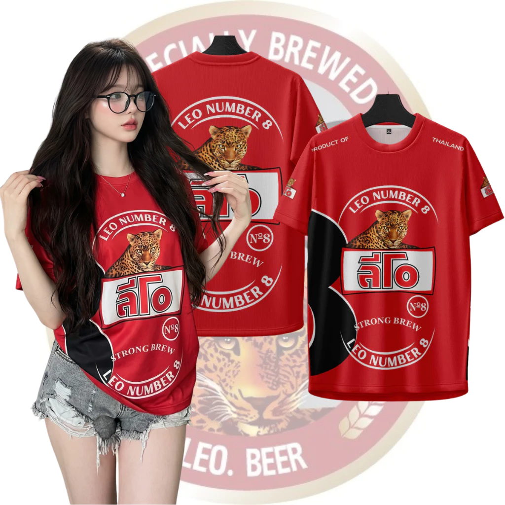 เสื้อกีฬาลายคอกลมแขนสั้นลีโอแดง ใส่สบาย