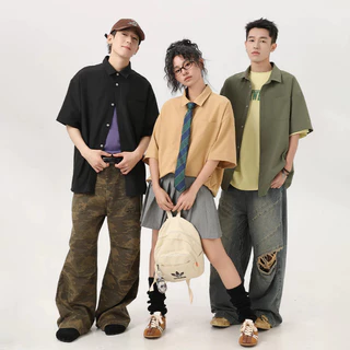 เสื้อเชิ้ตแขนสั้นผู้ชาย Oversize ใส่คลุมได้ เสื้อเชิ้ตเกาหลี ดำ/กรม/เทา/แดง/ขาว/ส้ม/เหลือง ใส่สบาย