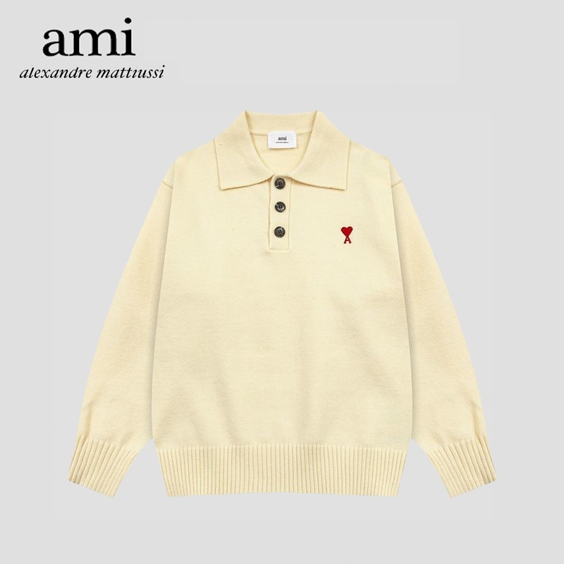 【 AMI Paris 】🇰🇷เสื้อสเวตเตอร์ Ami DE COEUR POLO  เสื้อสเวตเตอร์ถักลายหัวใจคลาสสิก