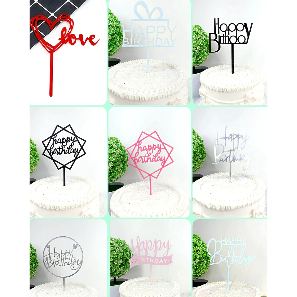 ป้ายปักเค้กอะคริลิคและพลาสติกสีชมพู เงิน ดำ ฟ้า แดง Happy Birthday ชุดที่2/2