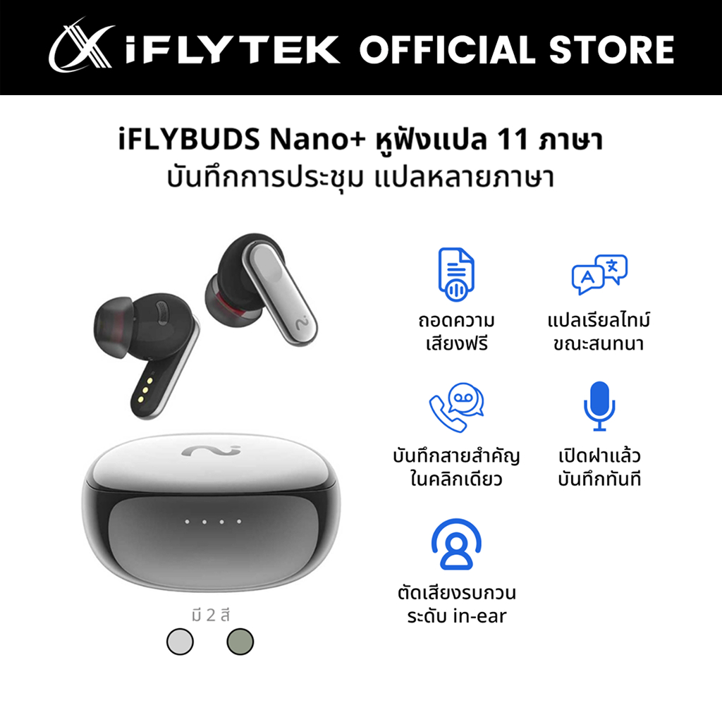 iFLYTEK VIAIM Earbuds - Nano+ แปล 11 ภาษาเรียลไทม์ 98% ตัดเสียง ANC 45dB แบต 40 ชม. บันทึก+สรุป คู่ 2 ดีไวซ์