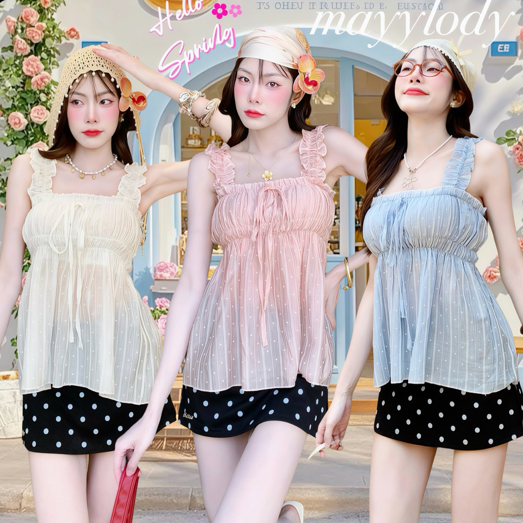 💓mayylody💓 SUMMER TOP เสื้อสายเดี่ยว ผ้าพิมพ์ลาย ช่วงอกสม็อค ต้องรับซัมเมอร์ 🌷🪞🌤️🍃 เสื้อครอป ครอป