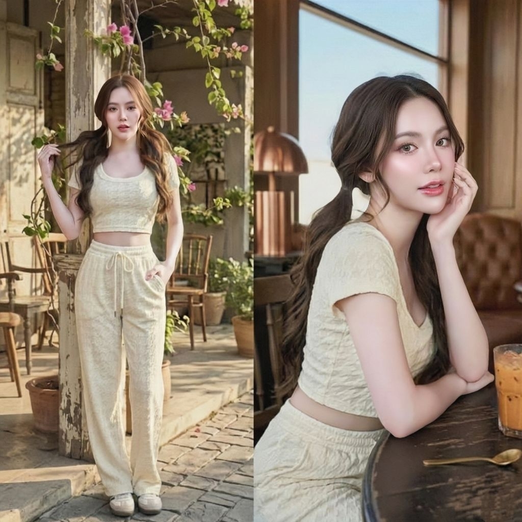 129/เสื้อ+ขายาว(ทั้งเซ็ต)🌟เซ็ตตัวดังใน TT🌟ชุดเซ็ตขายาว ผ้าปั๊มนูน