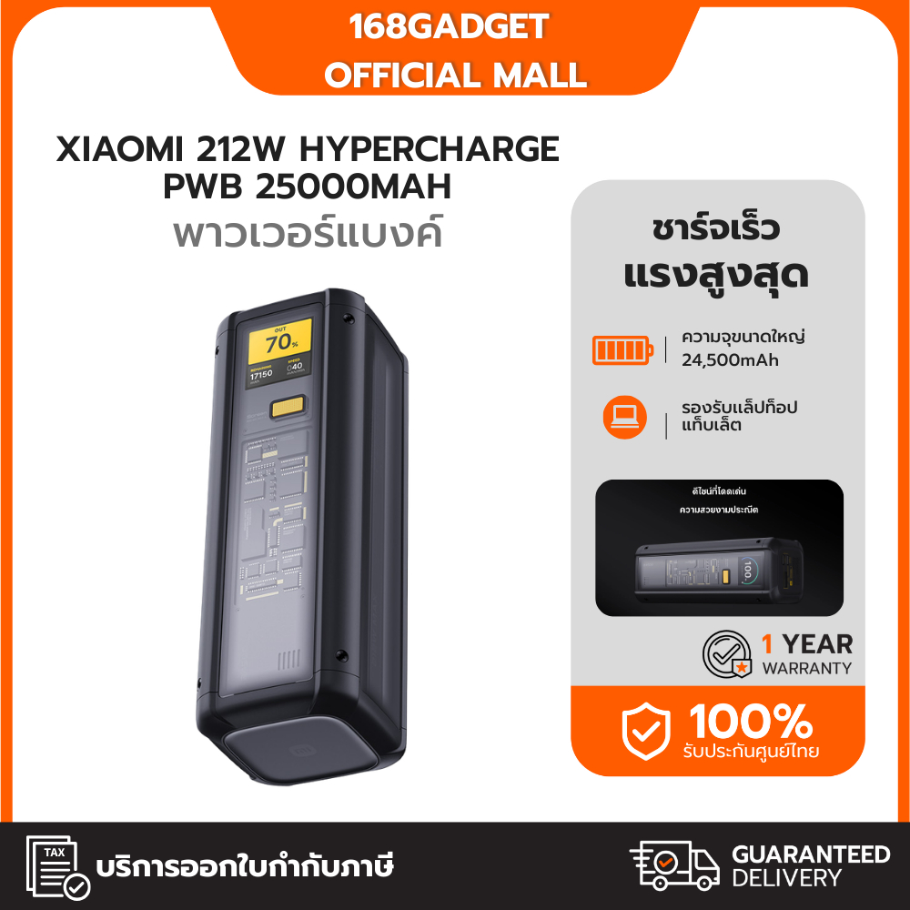 Xiaomi 212W HyperCharge PWB 25000mAh พาวเวอร์แบงค์ จ่ายไฟได้สูงสุด 212 W ชาร์จได้ 3 อุปกรณ์ รับประกั