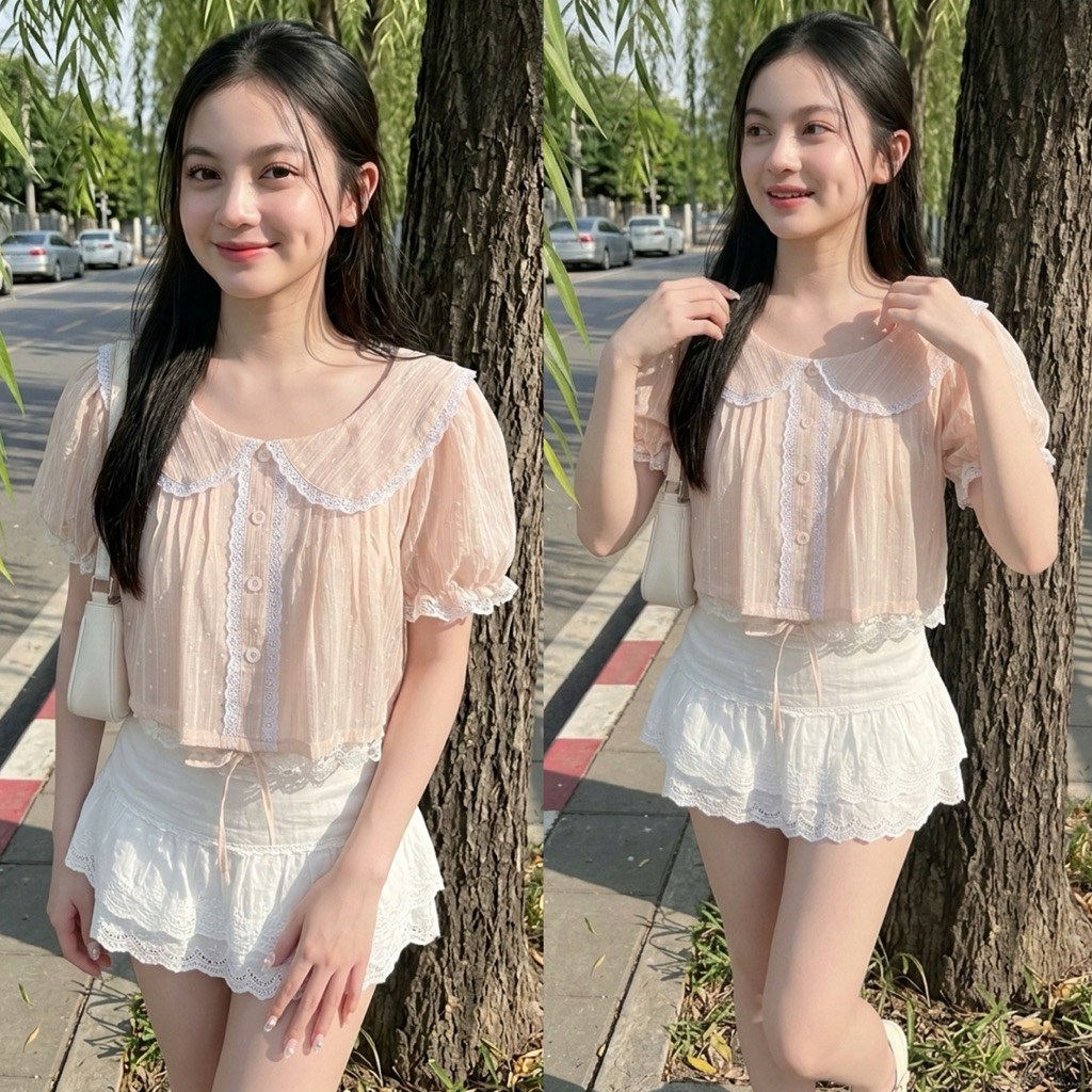 🌟Mamildya.shop🌟 เสื้อคอบัวแต่งขอบลูกไม้  ผ้าคอตตอนพองๆ/ F1-4/COOK-ลัก⚫