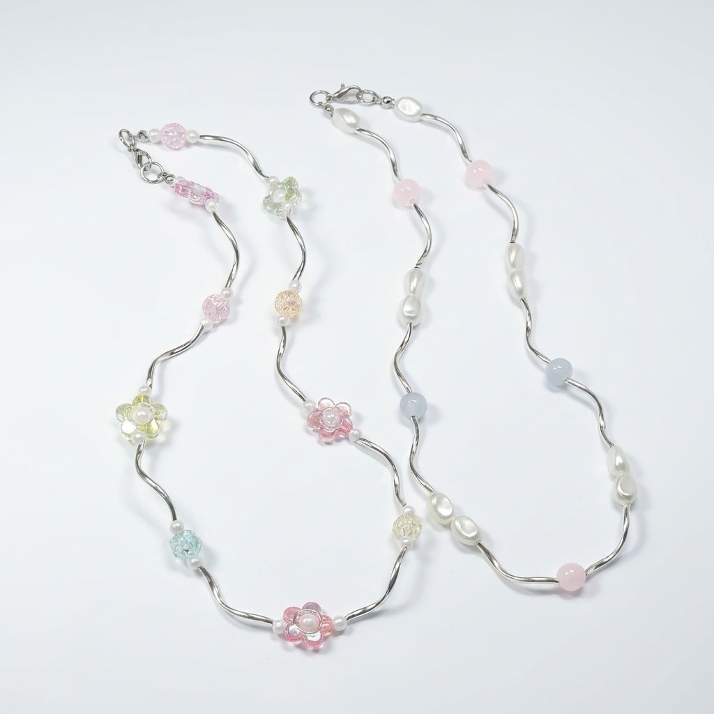 สร้อยคอไข่มุก ดอกไม้ สร้อยคอเกาหลี มินิมอล | Pastel Flower Pearl Necklace สร้อยคอผู้หญิง