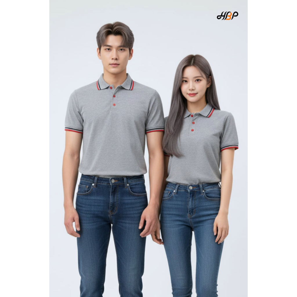 เสื้อโปโลสีเทาท็อป ขลิบแดง-กรม แขนจั้ม ผ้า TK ใส่สบาย ไม่ร้อน ทรงสุภาพ ใส่ทำงาน/ยูนิฟอร์ม