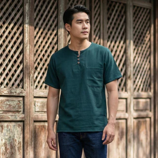เสื้อผ้าฝ้ายชินมัย แต่งกระดุมไม้ 3เม็ด