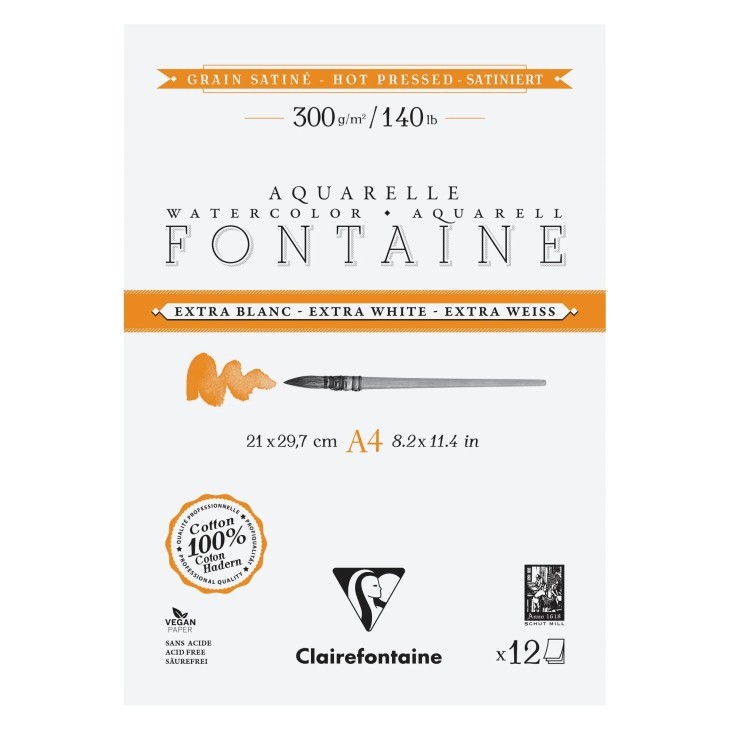 Clairefontaine กระดาษสีน้ำ หมึก กวอช รุ่น Fontaine Extra White (C976027C) 300gsm ผิวเรียบ A4 สันกาว 2 ด้าน 12sh