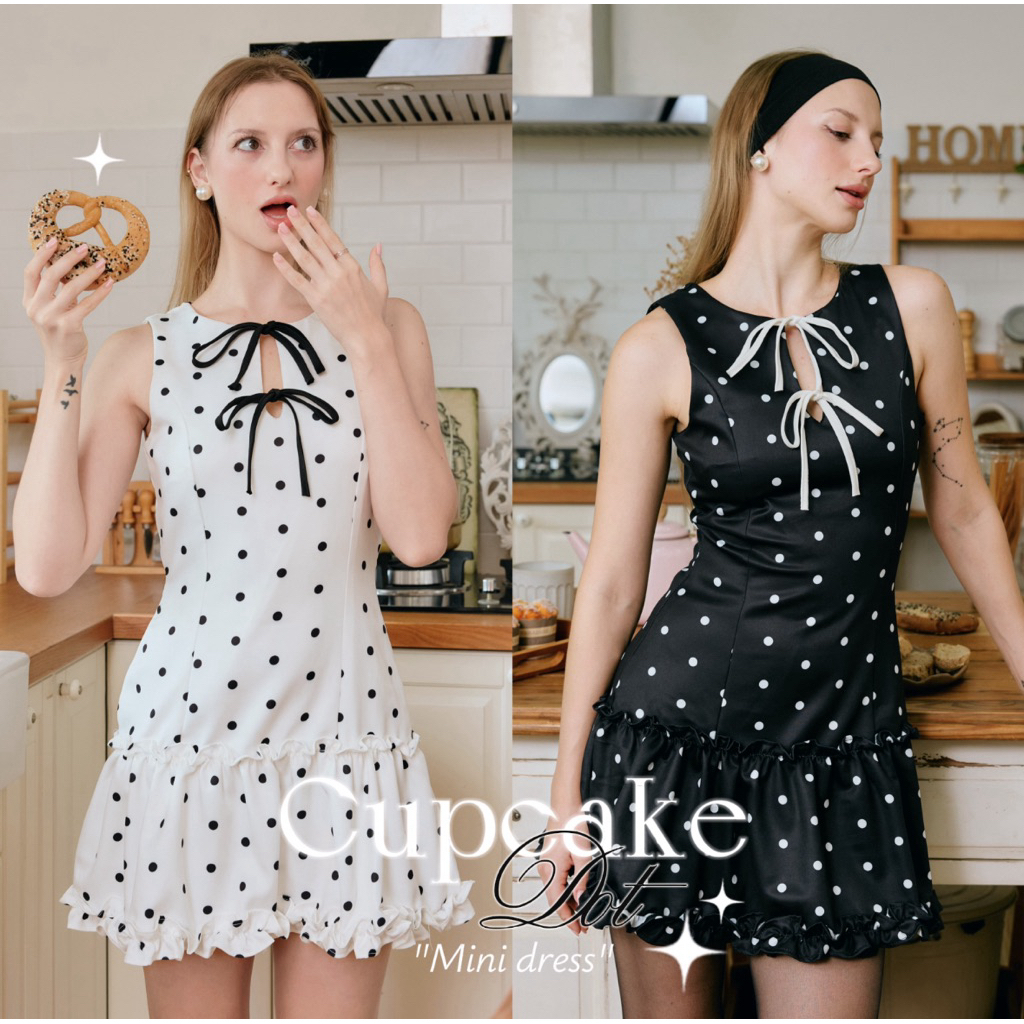 [มีส่งด่วน] มินิเดรสลายจุด Cupcake Dot Dress เดรสสั้นสไตล์เกาหลี เดรสสายเดี่ยว ชายระบาย เชือกผูกเพิ่มความน่ารัก