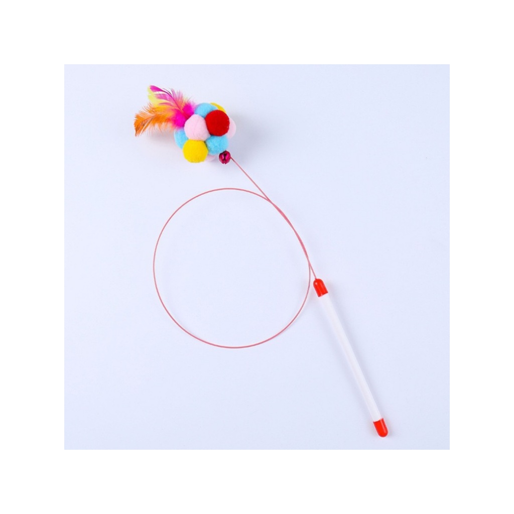 PP-1663 ไม้ตกแมวขนนกฟู มีปอมปอม+กระดิ่งเสียงใส สีสดสวย เล่นโต้ตอบเพลิน รุ่นปอมปอม