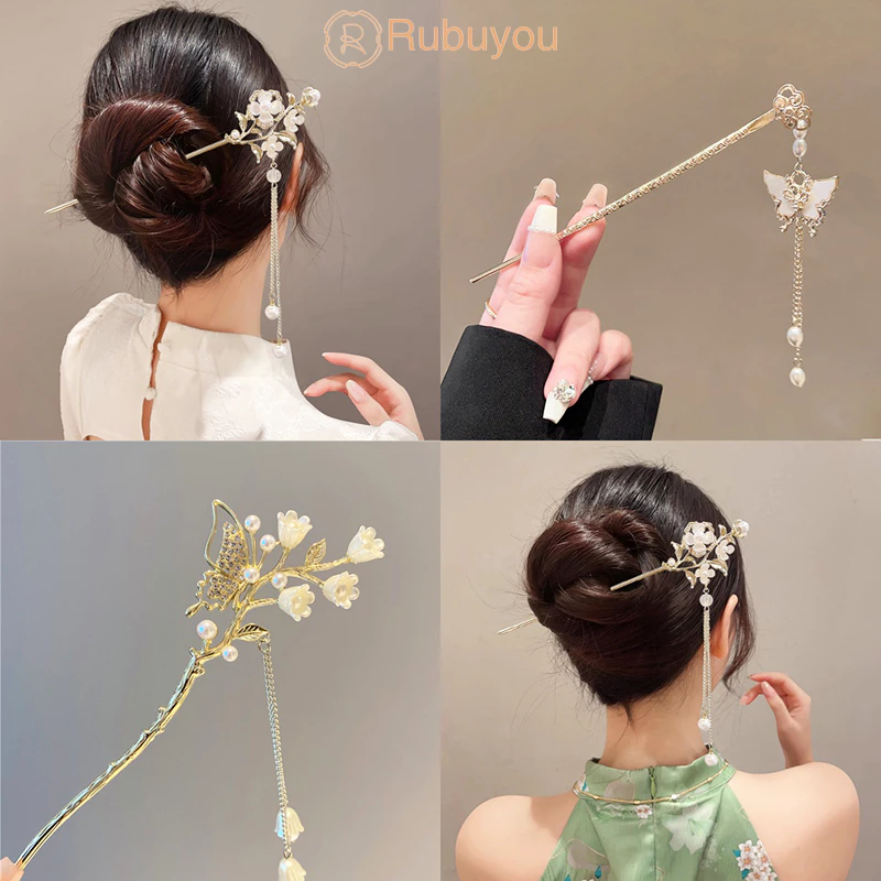 Rubuyou ปิ่นปักผม รูปผีเสื้อ ดอกไม้ ประดับไข่มุก ประดับพู่ สไตล์จีนโบราณ ย้อนยุค สำหรับผู้หญิง เครื่องประดับผม-COD