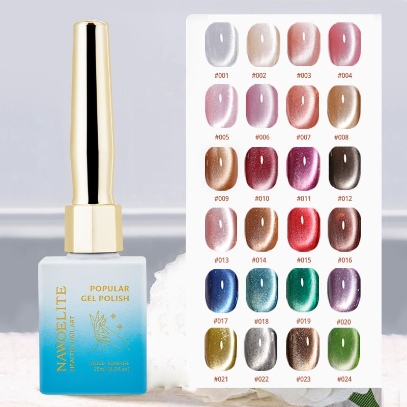 Nawoelite ยาทาเล็บเจลทาเล็บแมวตา 24 สี 15ml ลูกปัดแก้วแวววาวละเอียดเหมาะสำหรับร้านทำเล็บ