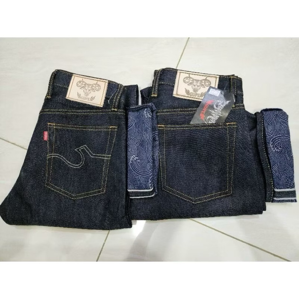 กางเกงยีนส์ กรูปรี Gupee ยีนส์ 14oz ผ้าหลังลายน้ำทะเลริมแดง สีindigoทรงกะบอกใหญ่แถมฟรีกะเป๋ายีนส1ใบ
