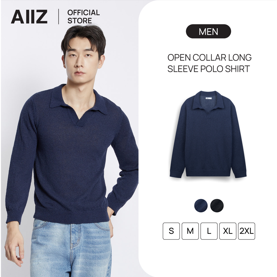 AIIZ เสื้อโปโลผู้ชายคอวีแขนยาวผ้าถัก AIIZ Men’s Open Collar Long Sleeve Polo Shirt