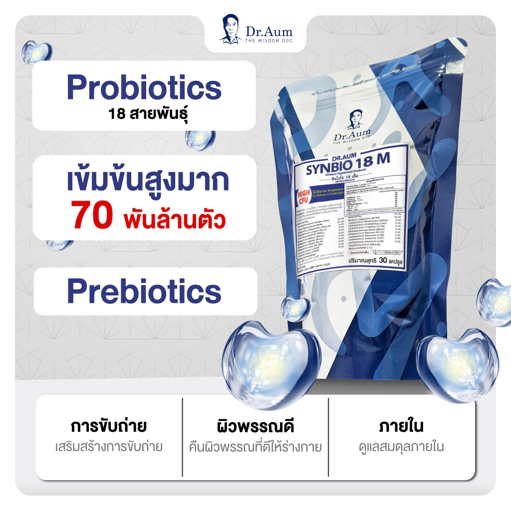 Dr.Aum Synbio18M Probiotic High Dose 70B CFU/cap ด็อกเตอร์อั้ม โปรไบโอติกส์ โดสสูงมาก 70B cfu/ แคปซูล 30 แคปซูล/ซอง thumbnail 3