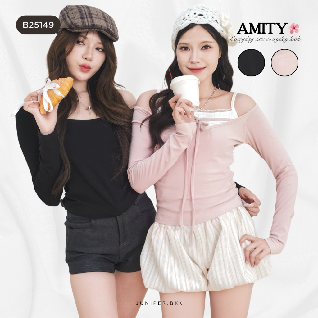 เสื้อเปิดไหล่ 2 ชิ้น เสื้อสายเดี่ยว + เสื้อแขนยาว ดีเทลผูกคอ สไตล์เกาหลี Y2K รุ่น AMITY B25149 | JUN