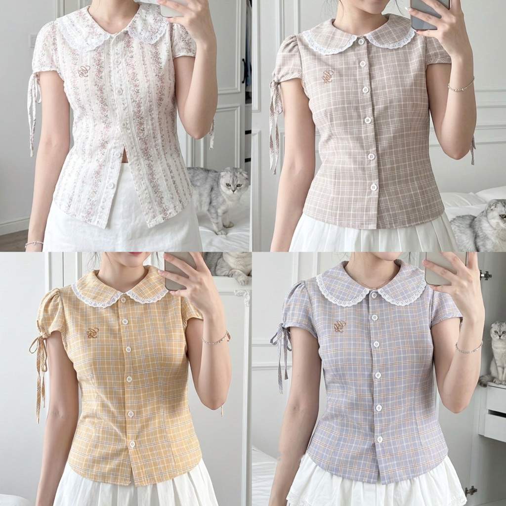 🌟Mamildya.shop🌟 เสื้อเชิ้ตคอปกทรงคอบัวแต่งขอบลูกไม้ ทรงแขนดอลลี่ / C1-2/COOK-ดอล12⚫