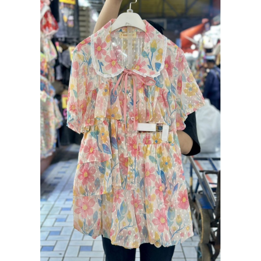 เติมสีแล้ว หมดไว ‼ชุดเซ็ทแฟชั่นสาวอวบเสื้อขนมชั้น+กางเกงบอ รูปที่ 7